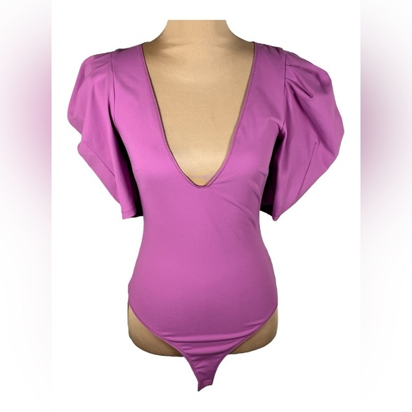 Free People Knit Deep V-Neck Short Ruched Puffed Sleeve Bodysuit Small - Picture 3 of 11